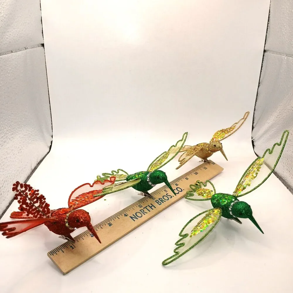 Clip On Bird Ornaments Hummingbirds Red Green Gold Glitter & Sequins Set Of 4
